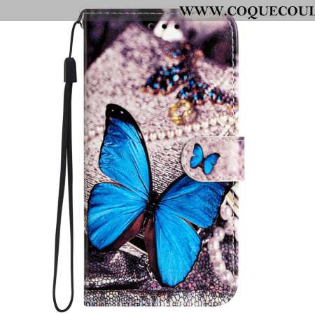 Housse Samsung Galaxy S24 5G Papillon Bleu à Lanière