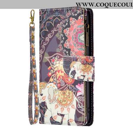 Housse Samsung Galaxy S24 5G Portefeuille Éléphant Tribal à Lanière