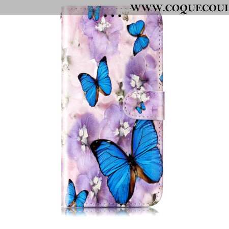 Housse Samsung Galaxy S24 5G Fleurs Violettes et Papillons à Lanière