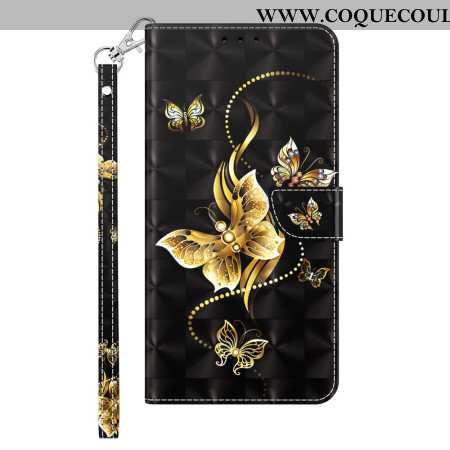 Housse Samsung Galaxy S24 5G Papillons Dorés à Lanière