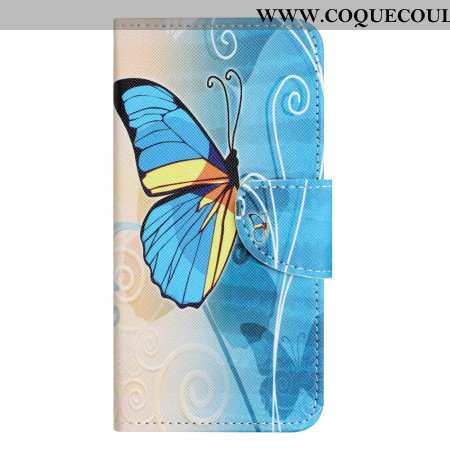 Housse Samsung Galaxy S24 5G Papillon Bleu et Jaune à Lanière