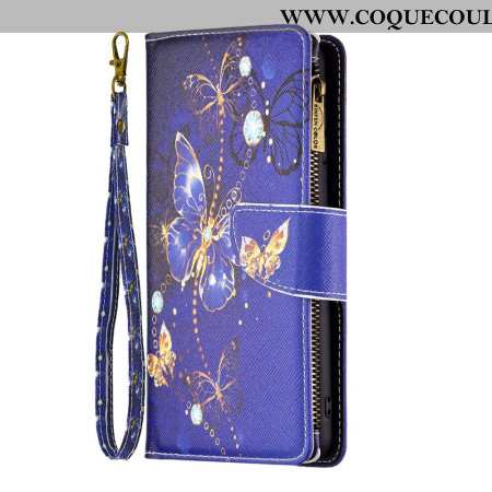 Housse Samsung Galaxy S24 5G Portefeuille Papillons Violets à Lanière