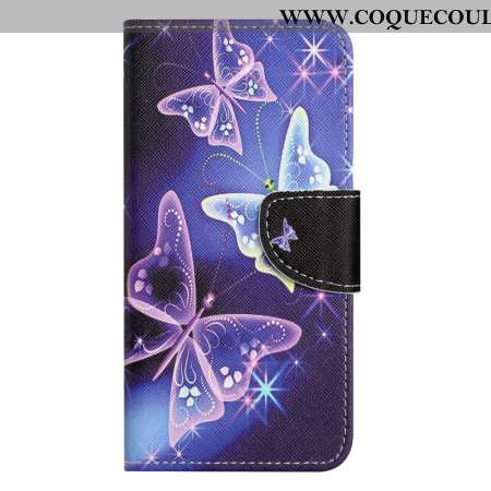 Housse Samsung Galaxy S24 5G Papillons Scintillants à Lanière