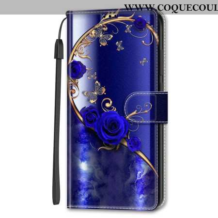 Housse Samsung Galaxy S24 5G Roses Bleues et Papillons Dorés à Lanière