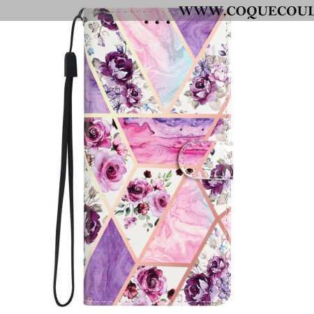 Housse Samsung Galaxy S24 5G Marbre Fleurs Violettes à Lanière