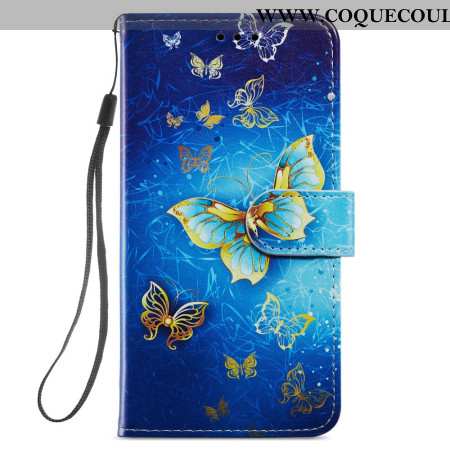 Housse Samsung Galaxy S24 5G Beaux Papillons Dorés à Lanière