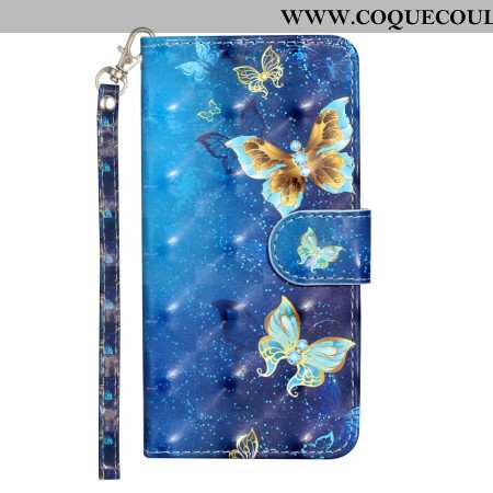 Housse Samsung Galaxy S24 5G Papillons Bleus et Dorés avec Lanière