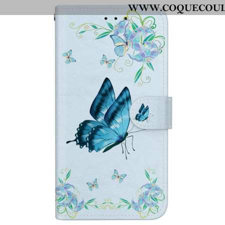 Housse Samsung Galaxy S24 FE Papillon Bleu et Fleurs à Lanière