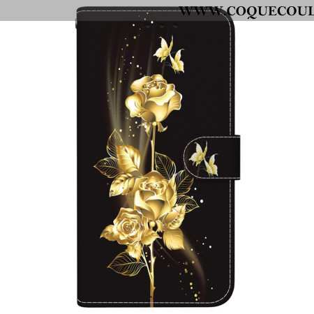 Housse Samsung Galaxy S24 FE Papillons Dorés et Roses à Lanière