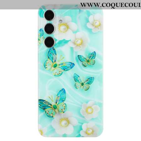 Coque Samsung Galaxy S24 FE Fleurs Blanches et Papillons Verts