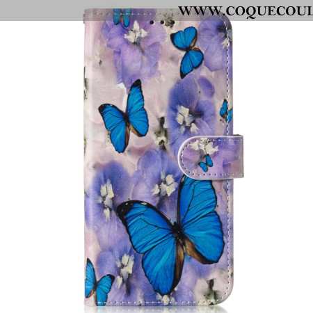 Housse Samsung Galaxy S24 FE Fleurs Violettes et Papillons Bleus