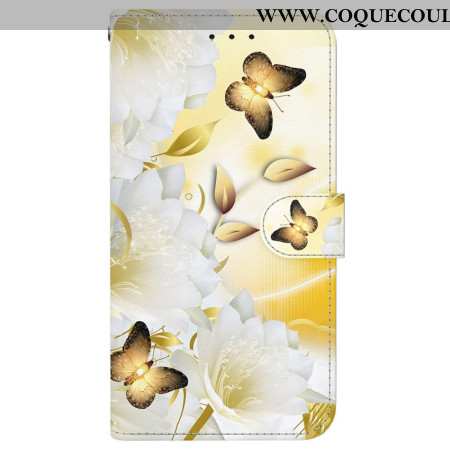 Housse Samsung Galaxy S24 FE Papillons Dorés et Fleurs Blanches