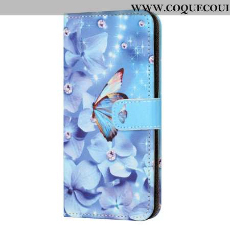 Housse Samsung Galaxy S24 FE Fleurs et Papillons Bleus à Lanière