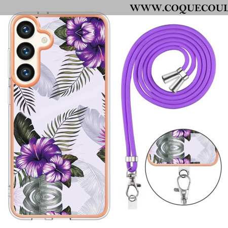 Coque à Cordon Samsung Galaxy S24 Plus 5G Fleurs Pourpres