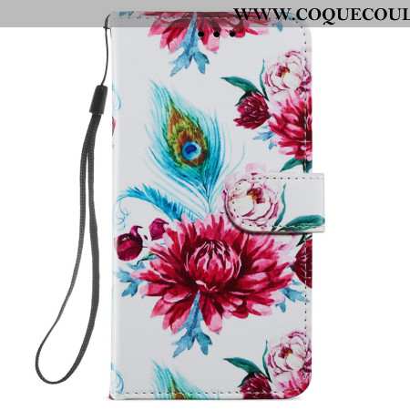 Housse Samsung Galaxy S24 Plus 5G Motif de Fleurs de Paon à Lanière