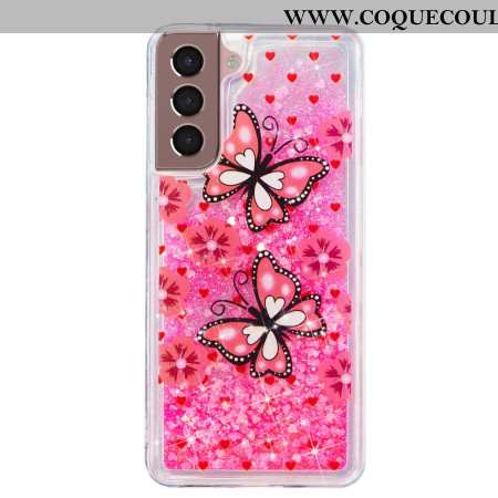 Coque Samsung Galaxy S24 Plus 5G Paillettes Liquides Papillons Rouges