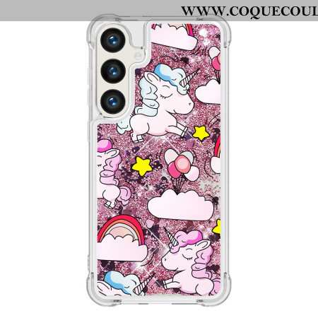 Coque Samsung Galaxy S24 Plus 5G Paillettes Liquides Licornes et Nuages