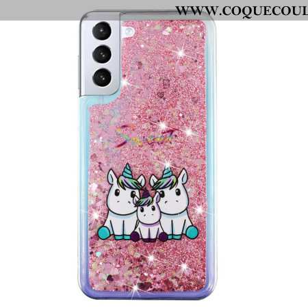 Coque Samsung Galaxy S24 Plus 5G Liquide Paillettes Trois Licornes