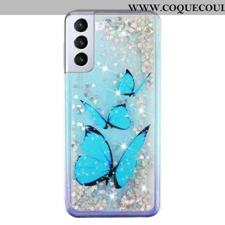 Coque Samsung Galaxy S24 Plus 5G Paillettes Liquides Papillons Bleus