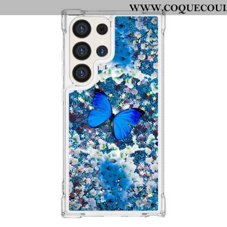 Coque Samsung Galaxy S24 Ultra 5G Paillettes Papillon Bleu