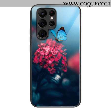 Coque Samsung Galaxy S24 Ultra 5G Verre Trempé Fleur et Papillons