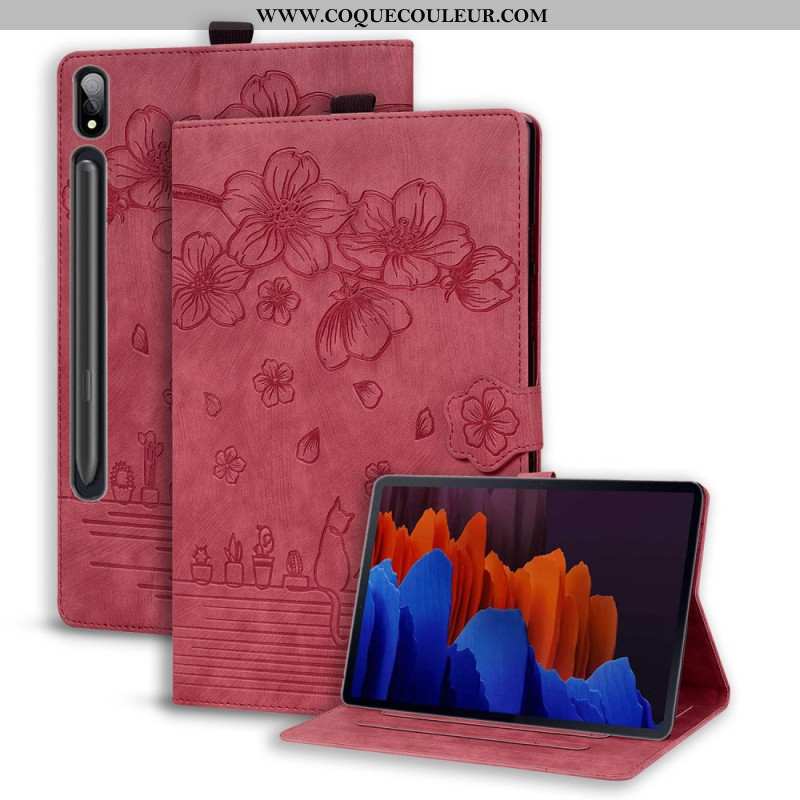 Housse Samsung Galaxy Tab S9 Plus Motif Chat et Fleurs