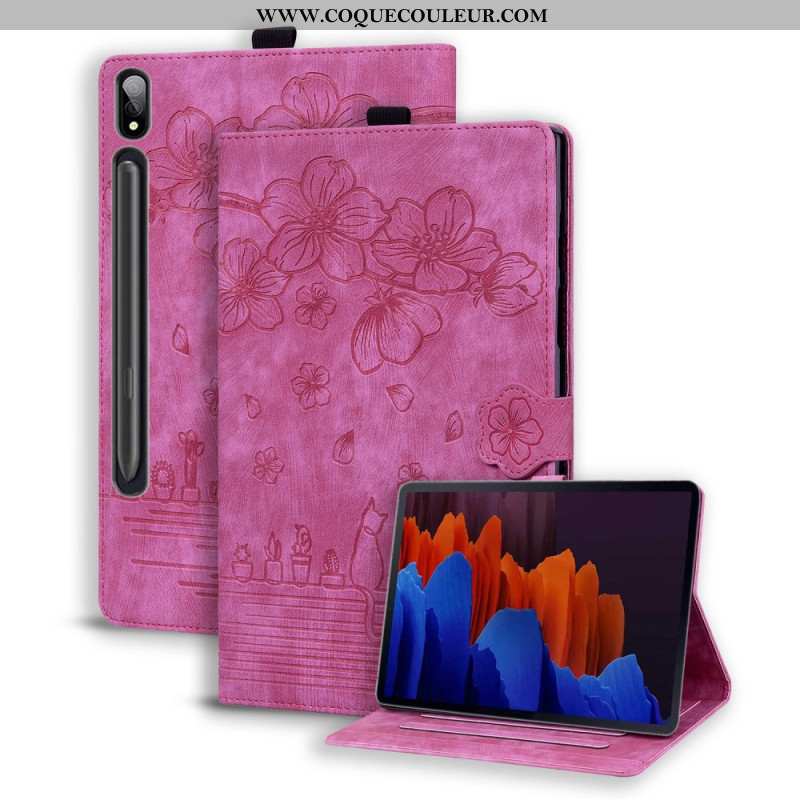 Housse Samsung Galaxy Tab S9 Plus Motif Chat et Fleurs