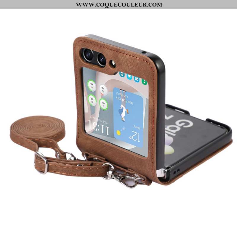 Coque Samsung Galaxy Z Flip 5 Style Cuir Porte-Cartes et Bandoulière