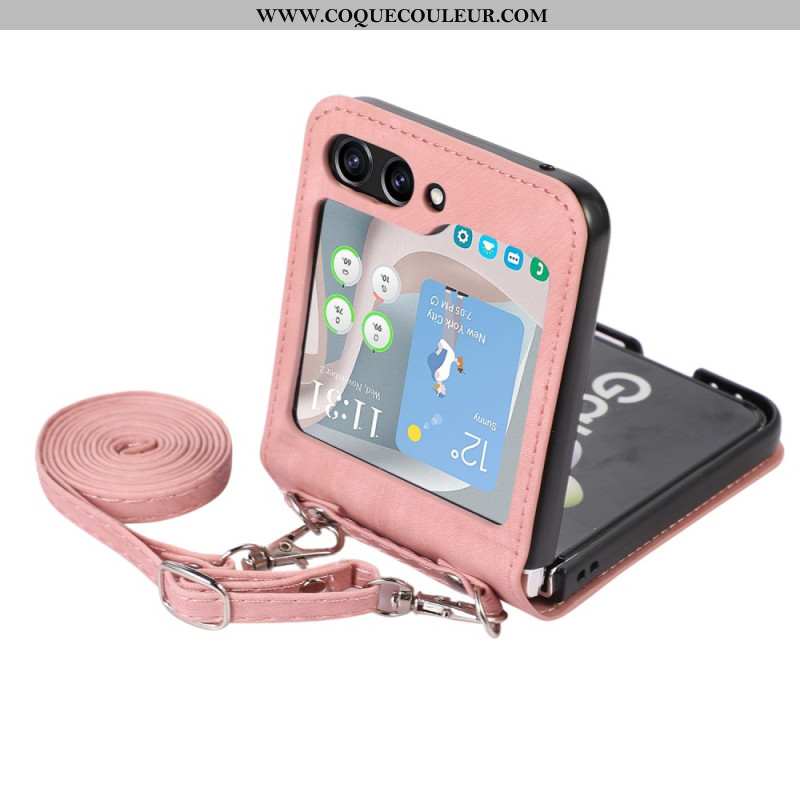 Coque Samsung Galaxy Z Flip 5 Style Cuir Porte-Cartes et Bandoulière