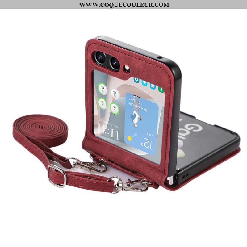 Coque Samsung Galaxy Z Flip 5 Style Cuir Porte-Cartes et Bandoulière