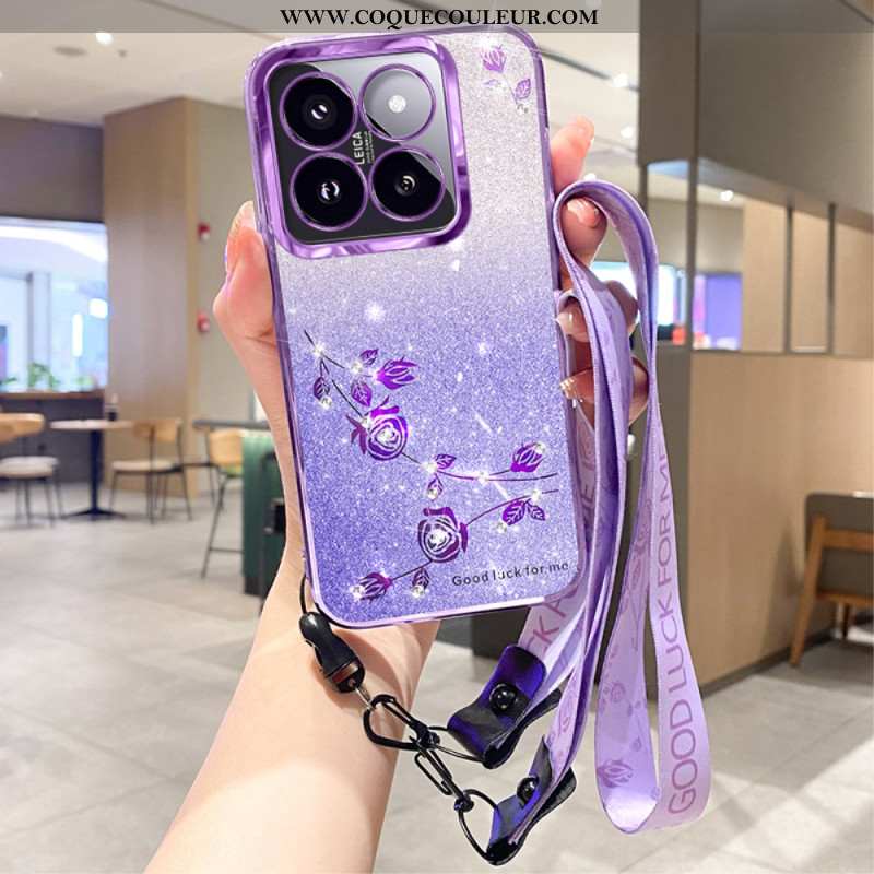 Coque Xiaomi 14T Pro Strass et Fleurs à Lanière