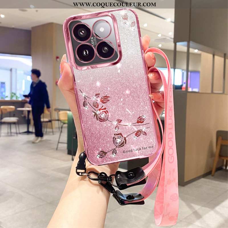 Coque Xiaomi 14T Pro Strass et Fleurs à Lanière