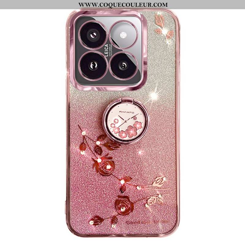 Coque Xiaomi 14T Pro Anneau-Support Strass et Fleurs KADEM