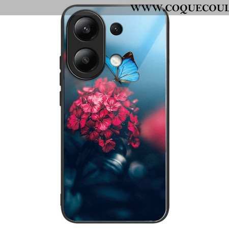 Coque Xiaomi Redmi Note 13 4G Verre Trempé Fleurs Rouges et Papillons