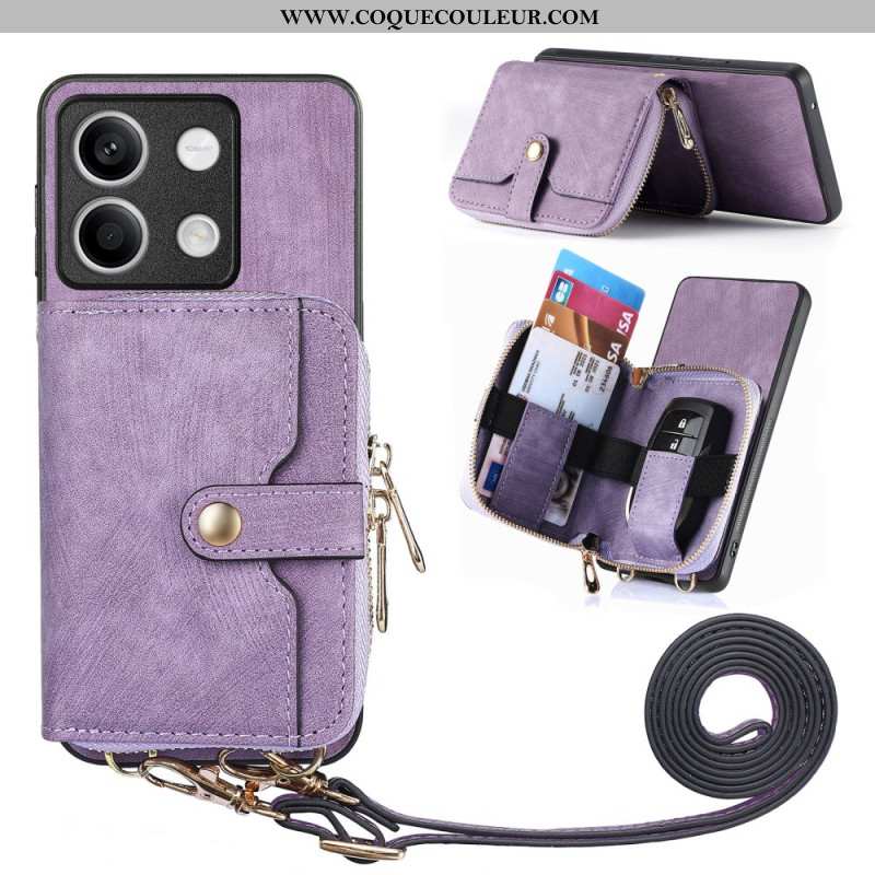 Coque Xiaomi Redmi Note 13 5G Rétro avec Poche à Fermeture Éclair et Lanière