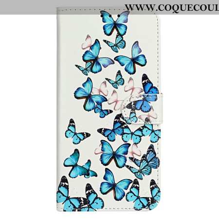 Housse iPhone 16 Plus Vol de Papillons Bleus