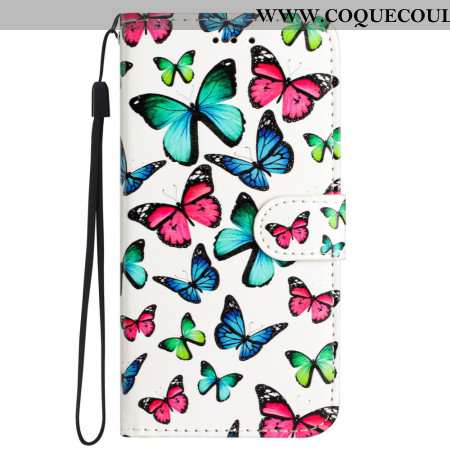 Housse iPhone 16 Plus Papillons Colorés à Lanière