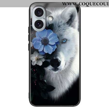 Coque iPhone 16 Plus Verre Trempé Loup et Fleur Bleue