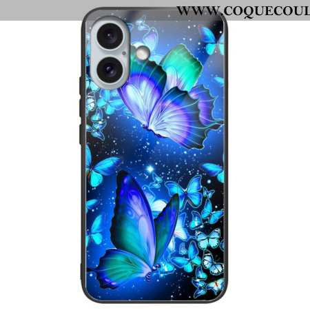 Coque iPhone 16 Plus Verre Trempé Papillons Bleus