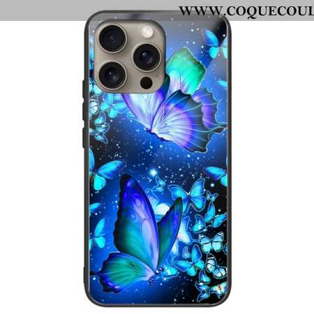 Coque iPhone 16 Pro Max Verre Trempé Papillons Bleus