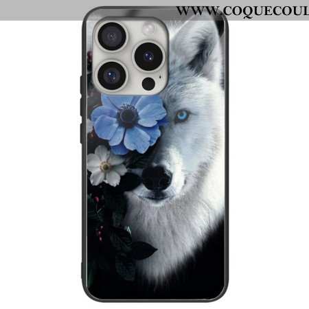 Coque iPhone 16 Pro Max Verre Trempé Loup et Fleur Bleue