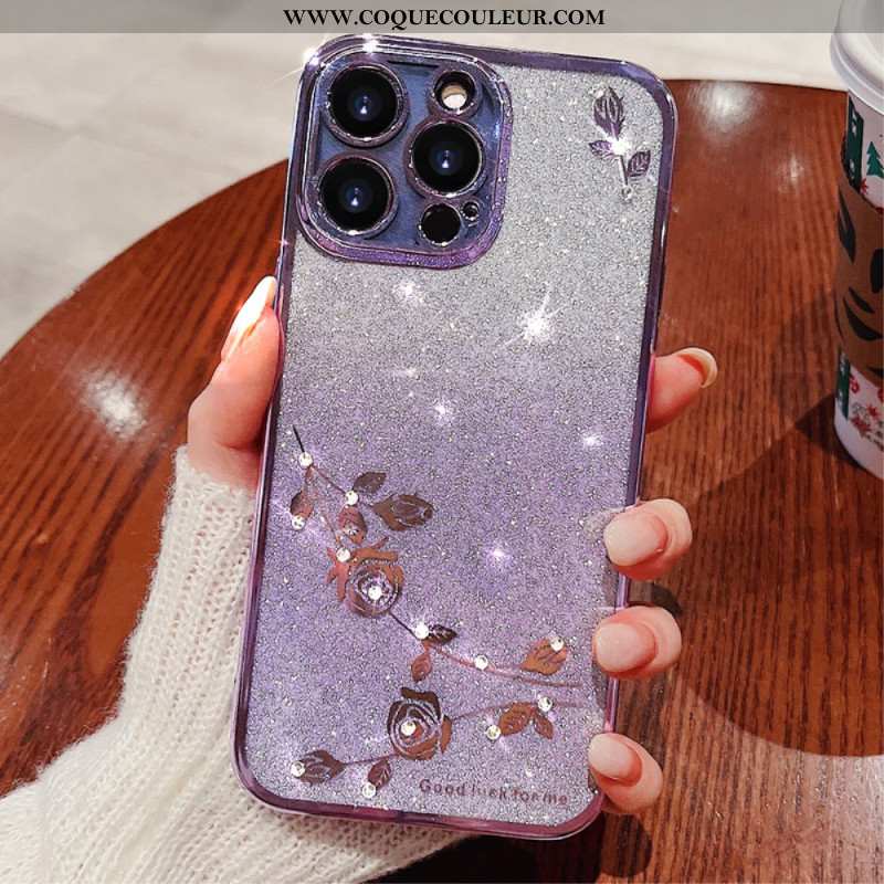 Coque iPhone 16 Pro Max, Coque avec Fleurs et Strass