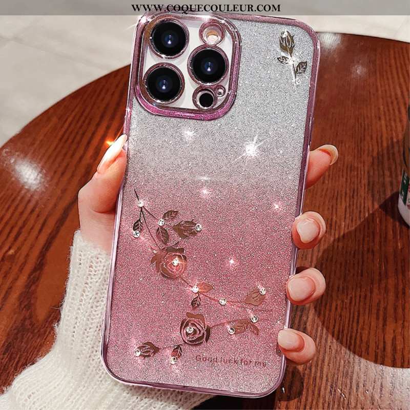 Coque iPhone 16 Pro Max, Coque avec Fleurs et Strass