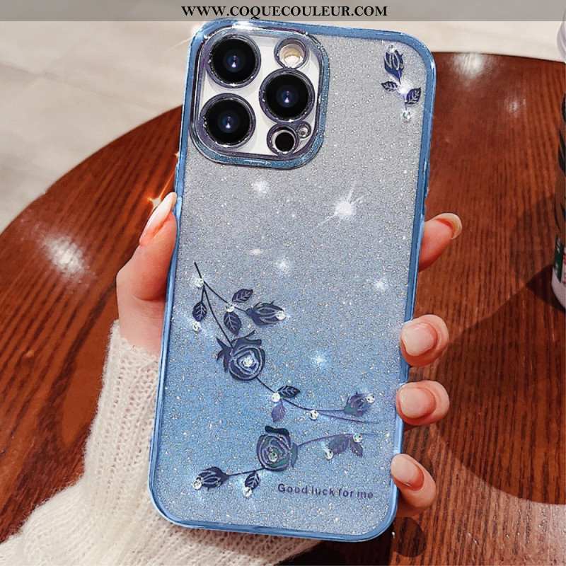 Coque iPhone 16 Pro Max, Coque avec Fleurs et Strass