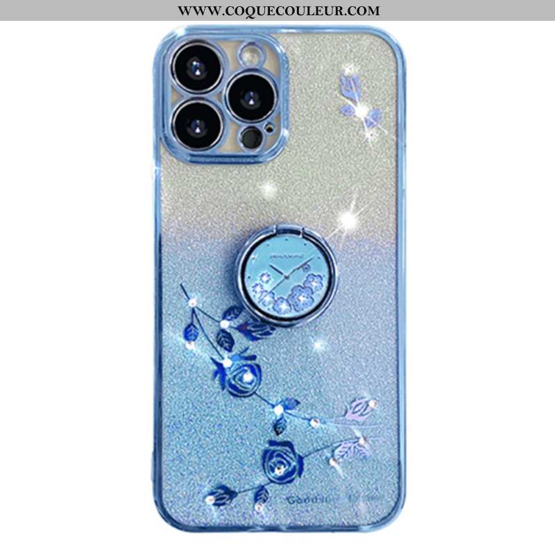 Coque iPhone 16 Pro Max Anneau-Support Fleurs et Strass KADEM