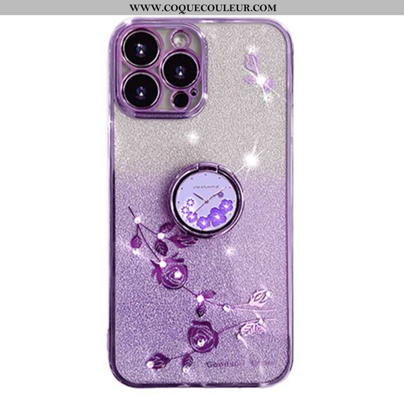 Coque iPhone 16 Pro Max Anneau-Support Fleurs et Strass KADEM