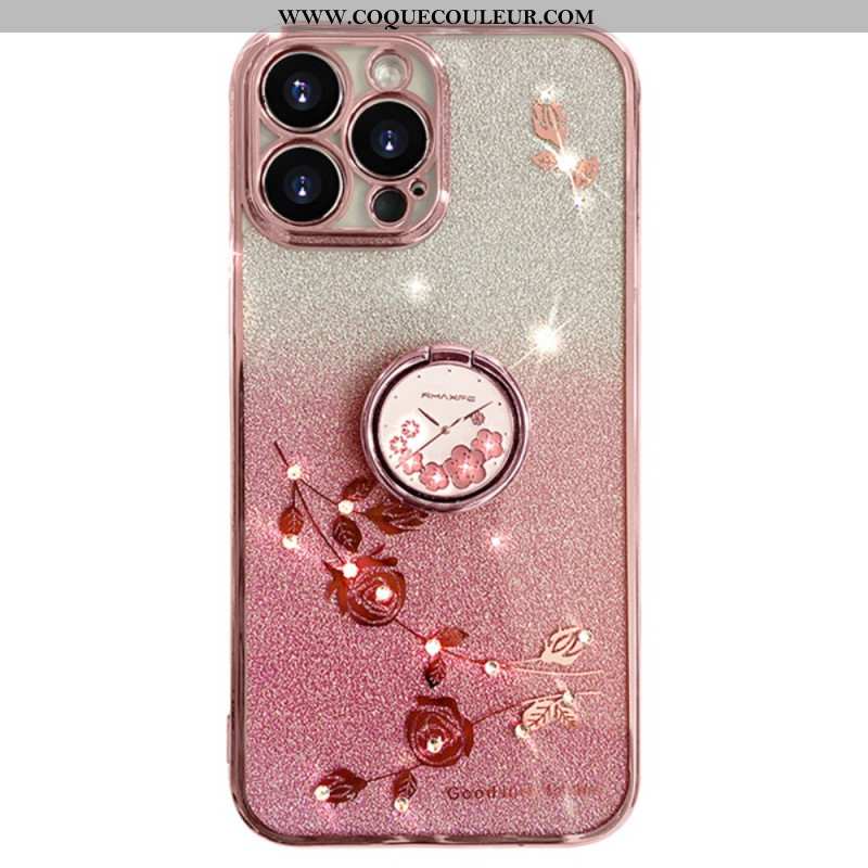 Coque iPhone 16 Pro Max Anneau-Support Fleurs et Strass KADEM