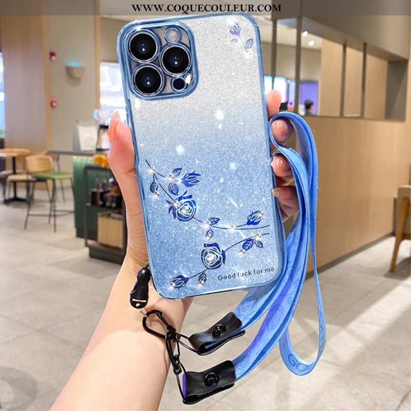 Coque iPhone 16 Pro Max Fleurs et Strass à Lanière KADEM