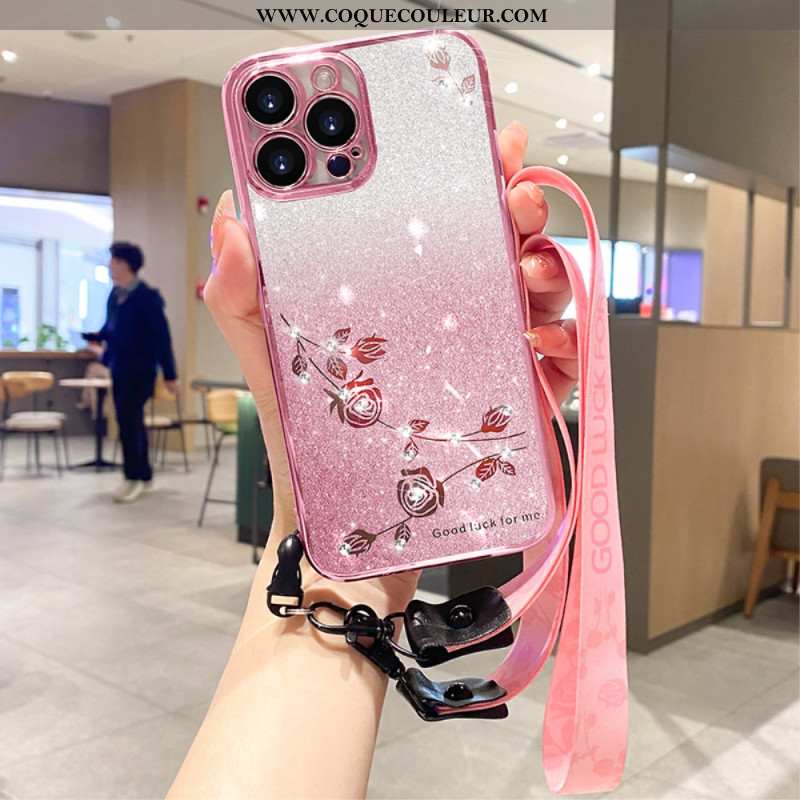 Coque iPhone 16 Pro Max Fleurs et Strass à Lanière KADEM