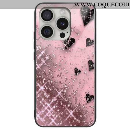 Coque iPhone 16 Pro Max Verre Trempé Coeurs sur Fond Roses